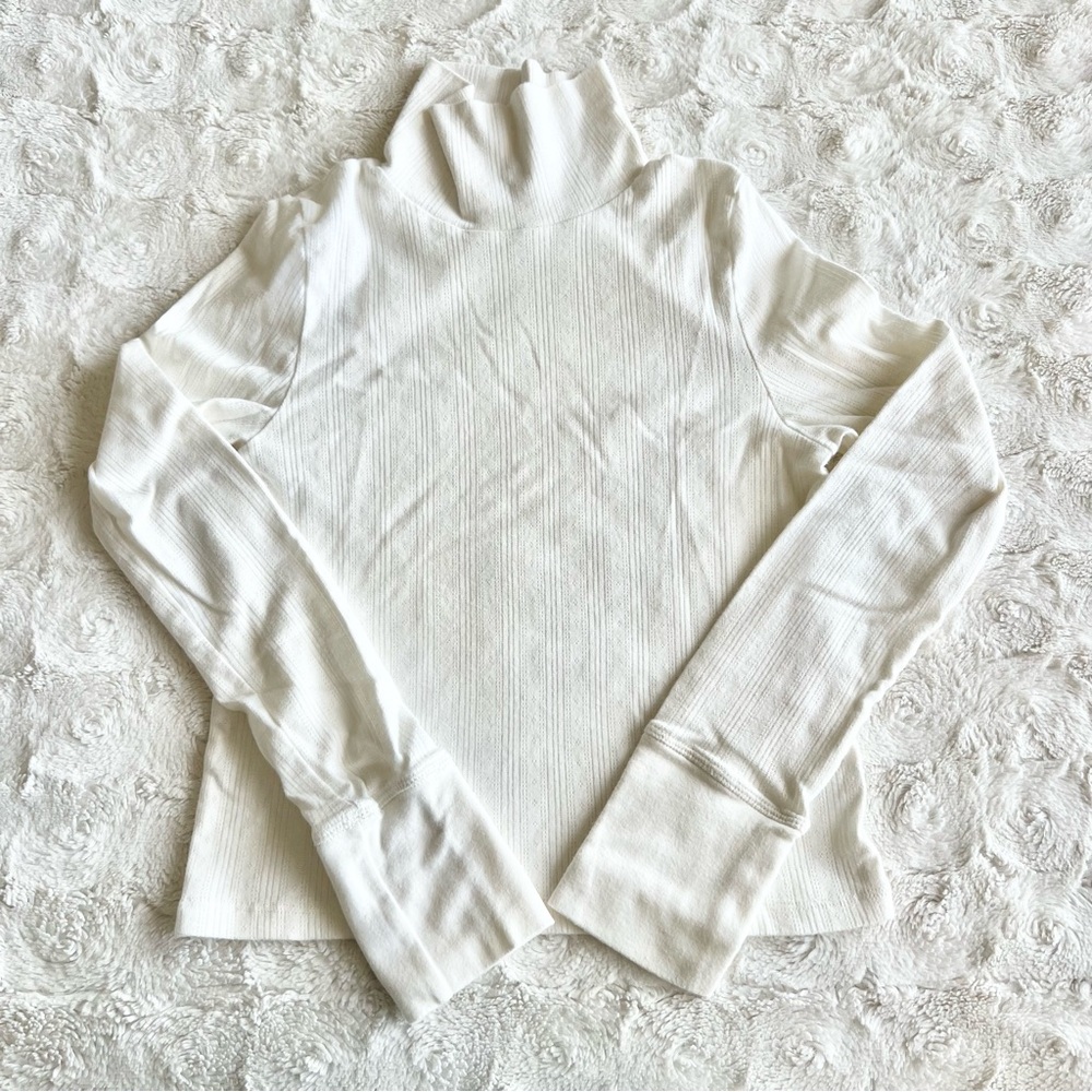 Aerie Top Shirt Womens Small White Ribbed Funnel Neck Long Sleeve Stretch Casual
